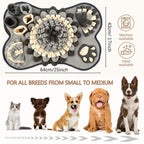 Gray dog snuffle mat with adjustable size guide and dimensions