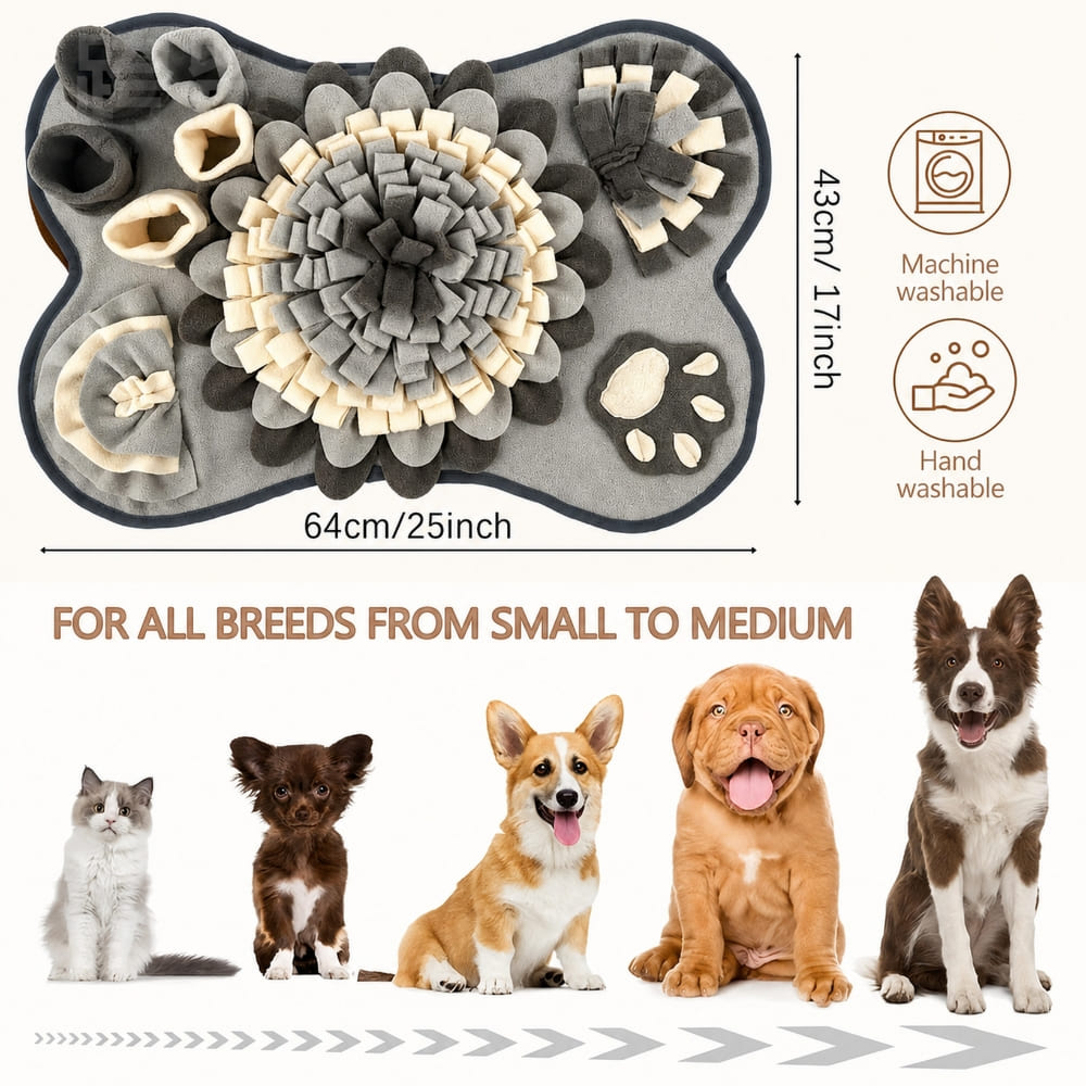 Gray dog snuffle mat with adjustable size guide and dimensions
