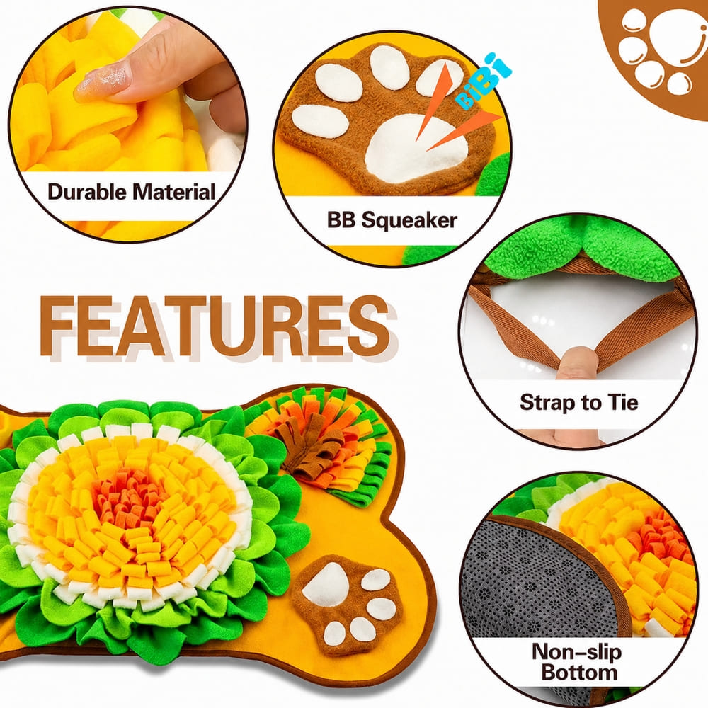Yellow and orange dog snuffle mat showing key design features