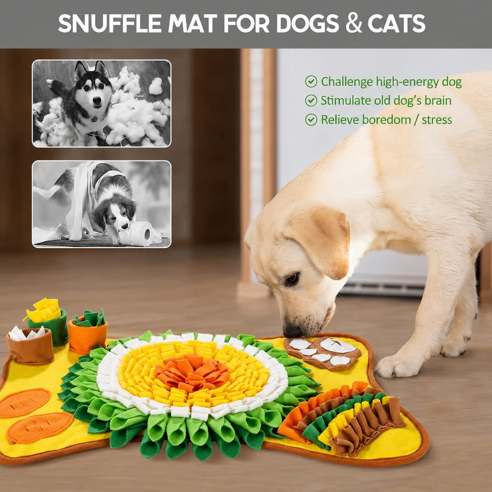 Dog using a yellow snuffle mat for enrichment and slow feeding