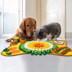 Dog and cat exploring a yellow pet snuffle mat together