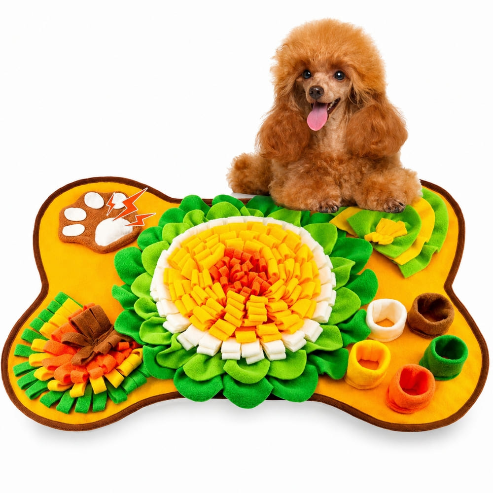 Poodle using a yellow and orange snuffle mat for food enrichment