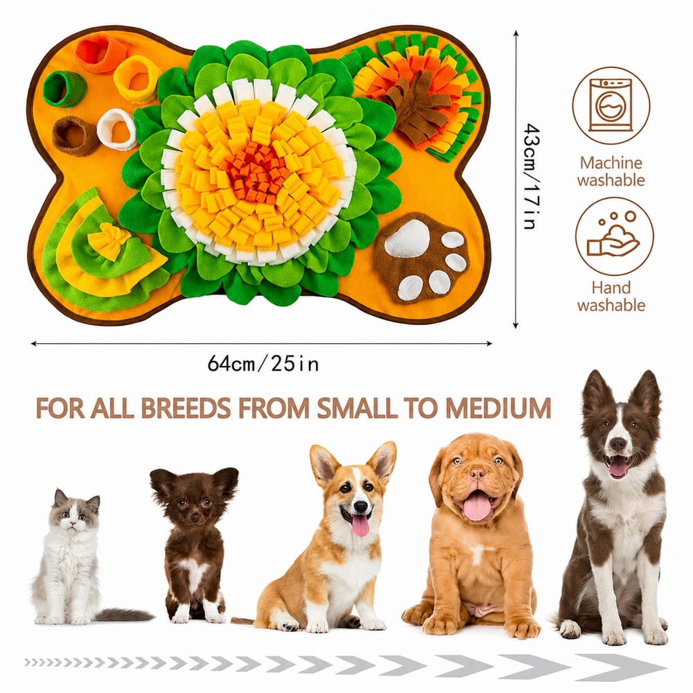 Yellow dog snuffle mat with product dimensions and size guide