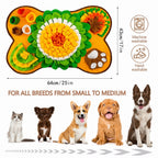 Yellow dog snuffle mat with product dimensions and size guide