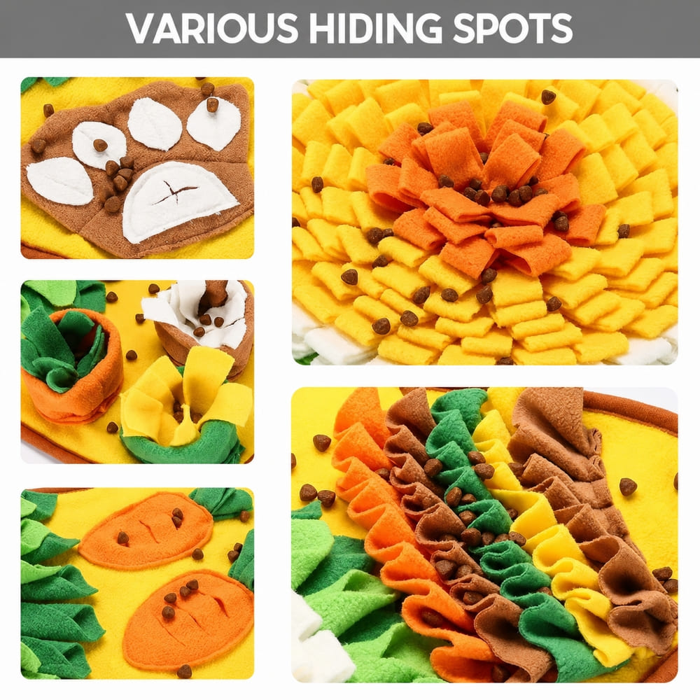Yellow snuffle mat showing multiple hidden treat and food pockets