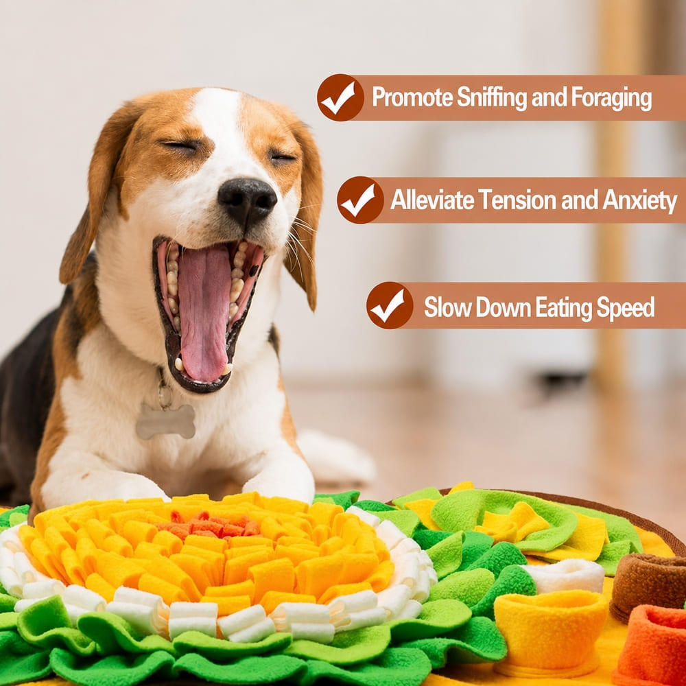 Dog using an interactive snuffle mat with enrichment benefits displayed