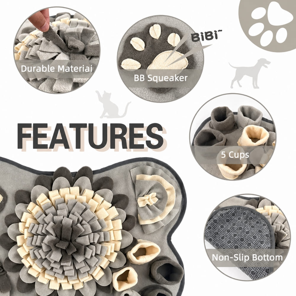 Gray dog snuffle mat showing adjustable strap and product features