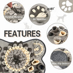 Gray dog snuffle mat showing adjustable strap and product features