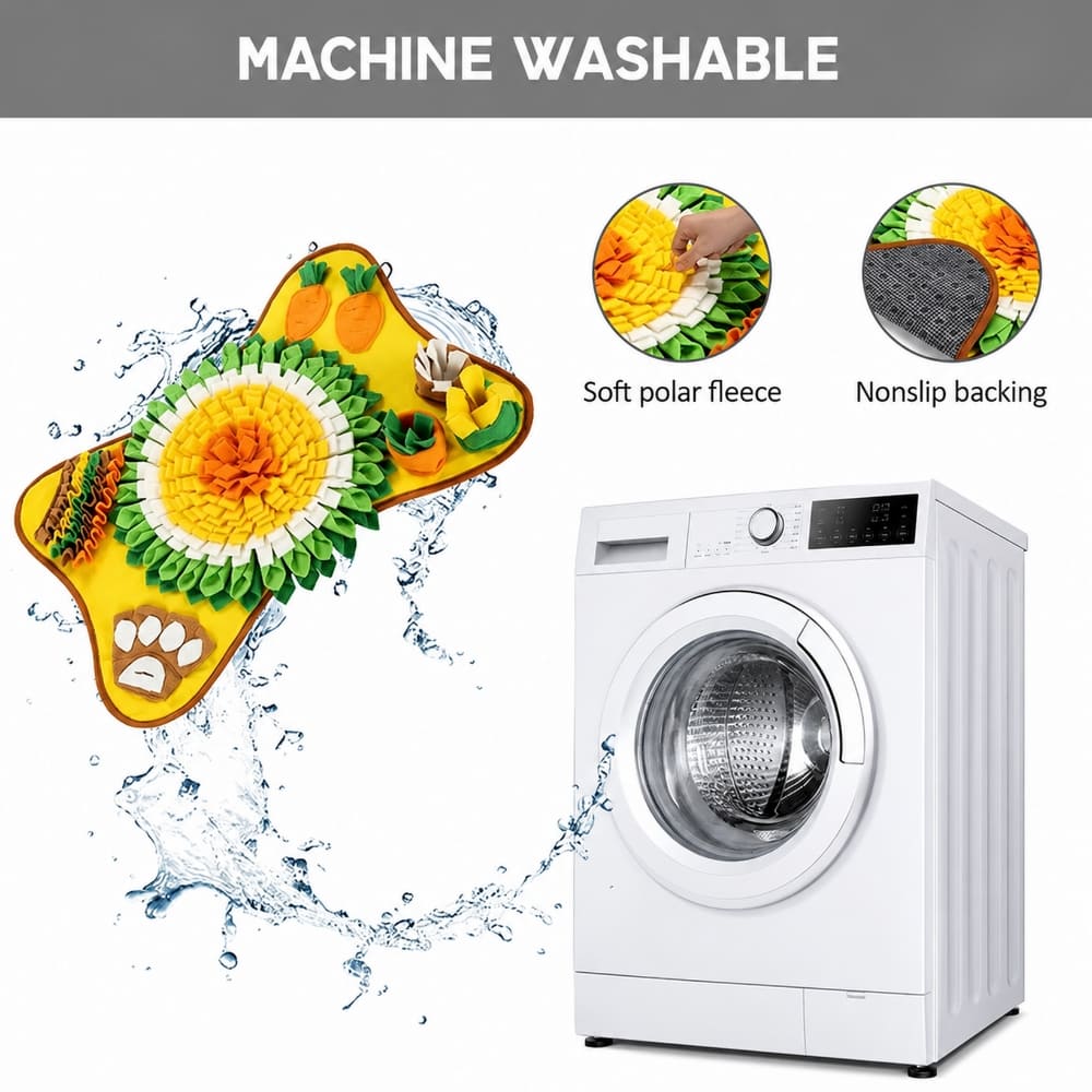 Machine-washable yellow dog snuffle mat with soft felt material details