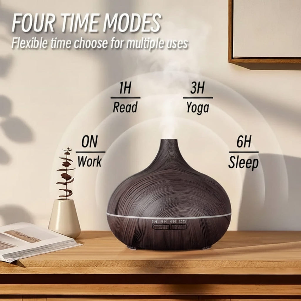 Diffuser on a wooden surface with time mode labels on a neutral background