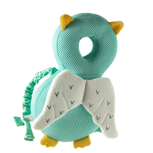 Teal owl-shaped rattle with yellow accents on a white background