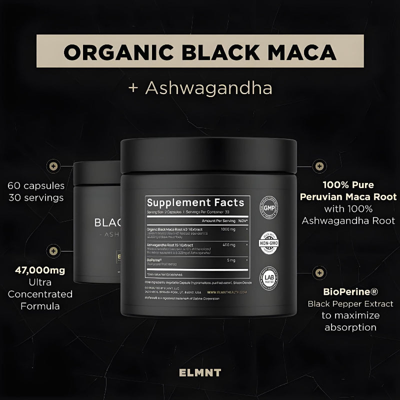 Black supplement container with 'Organic Black Maca + Ashwagandha' label on a dark background