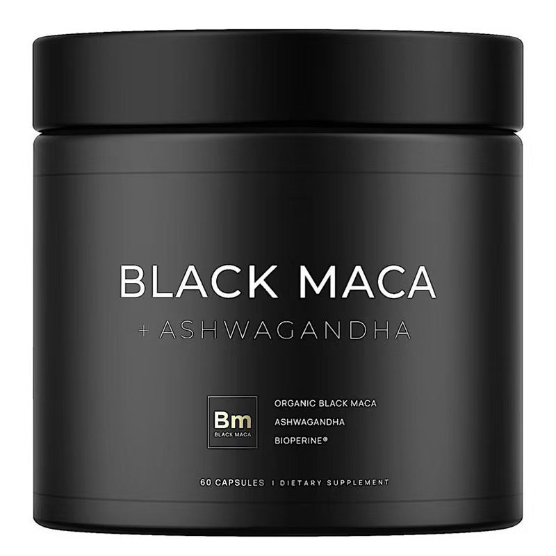 Black container of Black Maca with Ashwagandha on a white background