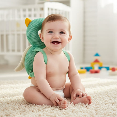 Baby sitting on a carpeted floor wearing a green dragon-shaped seat cover.