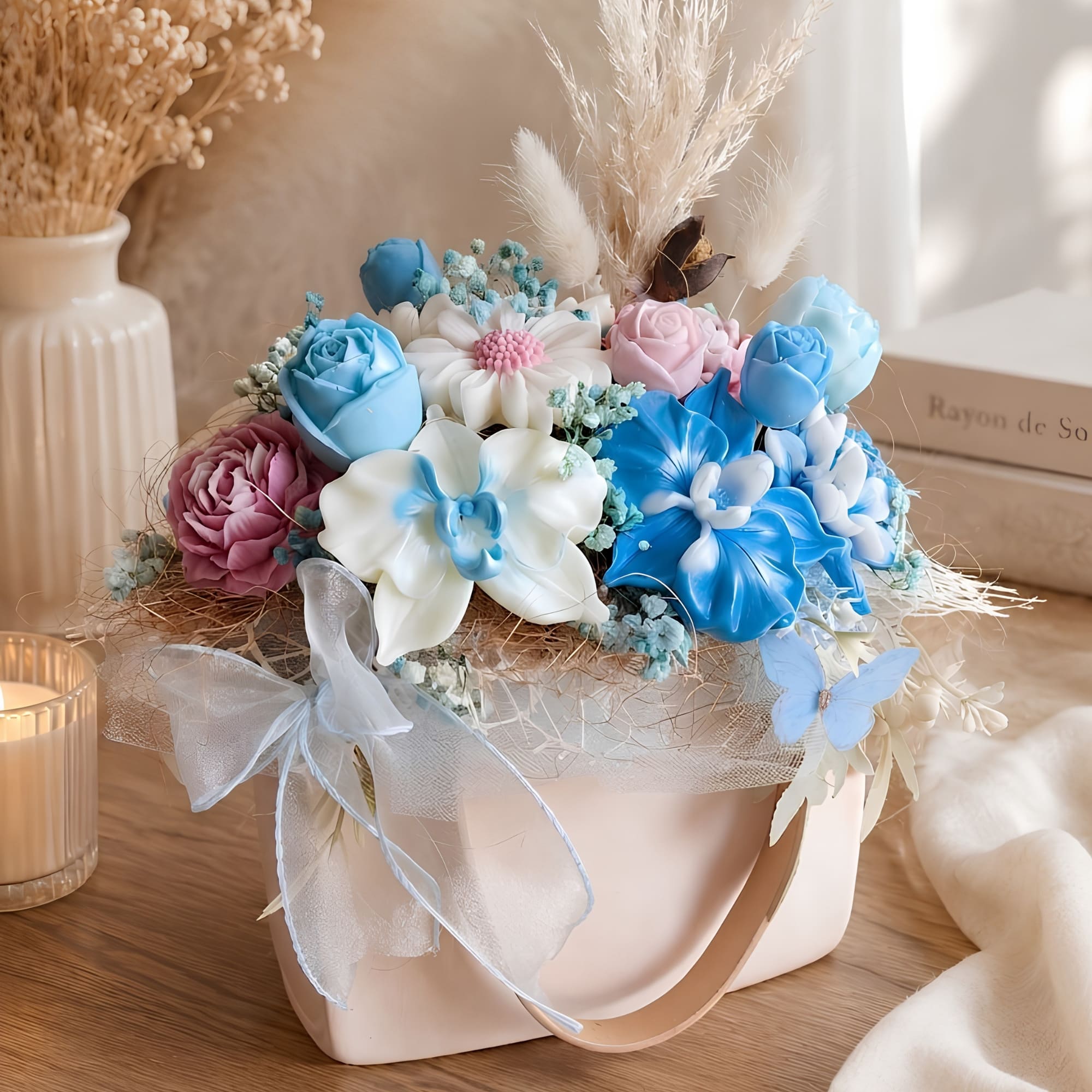 Luxury Soy Wax Flower Bouquet in Ceramic Purse