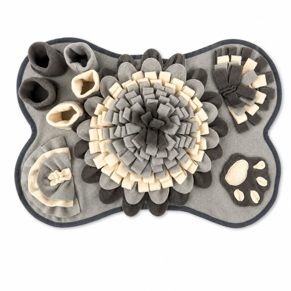 Gray dog snuffle mat with adjustable size guide and dimensions