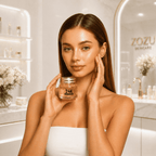 Woman holding a jar of 24K skincare product in a luxurious bathroom setting.