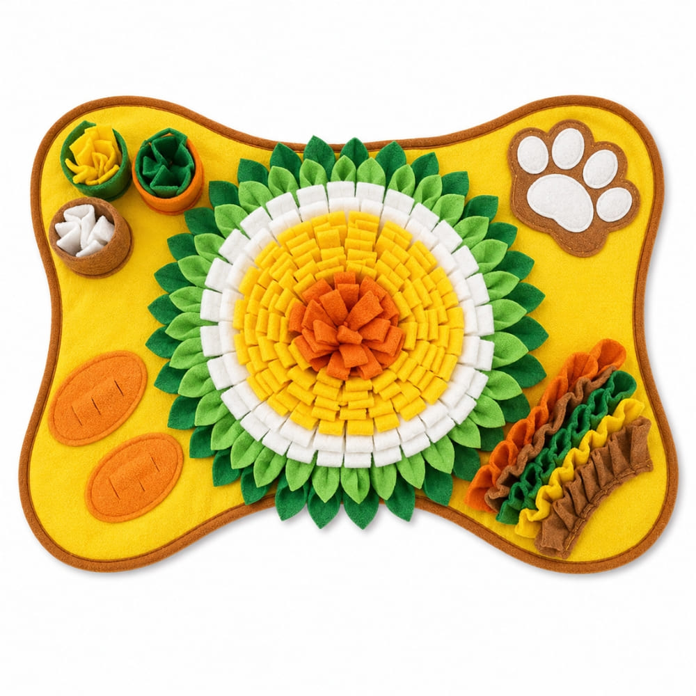 Yellow and orange dog snuffle mat showing key design features