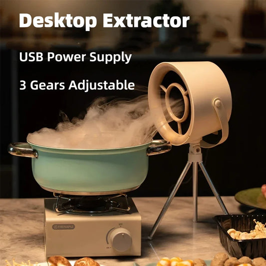 Compact desktop fume extractor with USB power supply, designed for small workspaces to remove smoke, dust, or fumes during soldering or crafting tasks