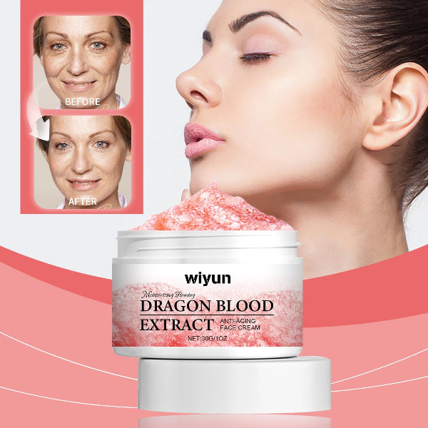 Wiyun Dragon Blood Extract face cream jar with before and after effects on a woman's face.
