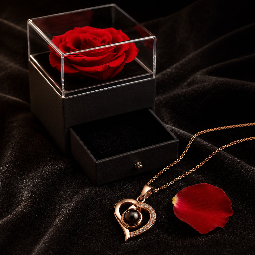 Heart Projection Necklace Gift Set — "I Love You" in 100 Languages | Rose Gift Box Included