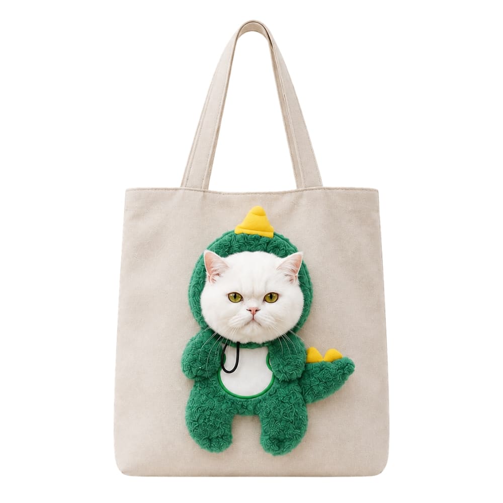 A beige canvas tote bag featuring a plush 3D applique of a white cat dressed in a green dinosaur costume with yellow accents, shown against a plain white background.