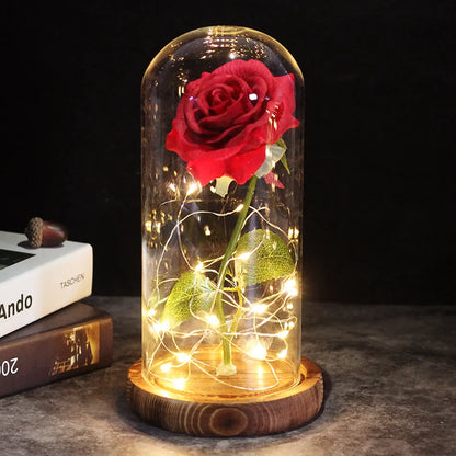 Valentine's Day Eternal Artificial Rose with LED strip light and glass cover