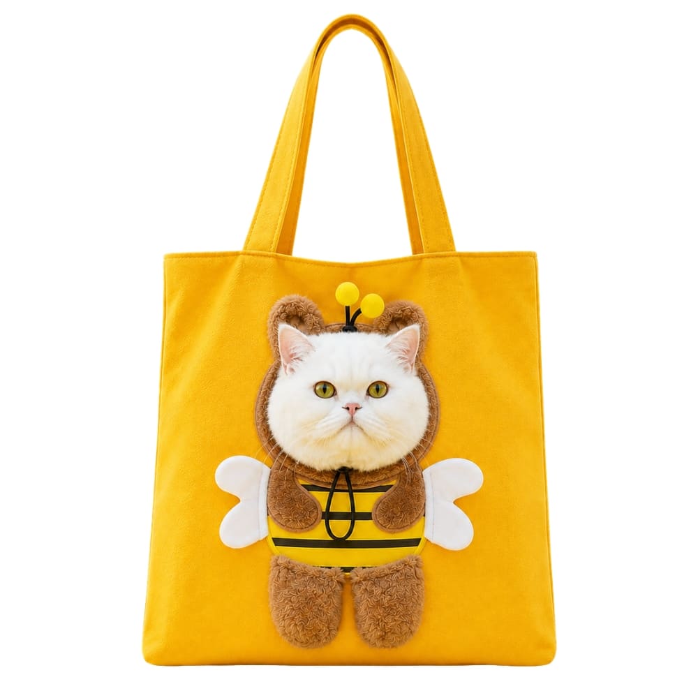 A bright yellow canvas tote bag featuring a 3D plush applique of a white cat dressed in a brown and yellow bee costume with white wings.