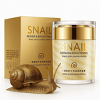Snail repair and brightening cream with packaging and a snail on a white background