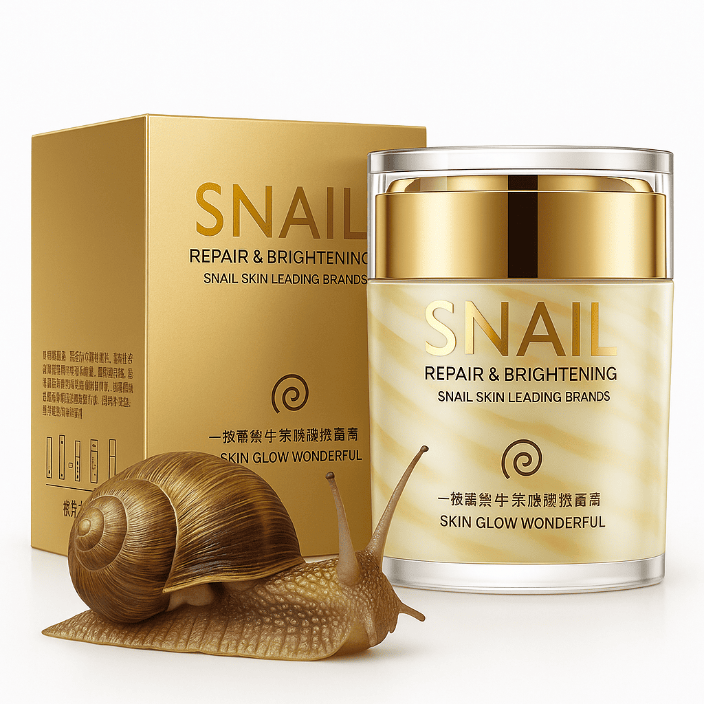 Snail repair and brightening cream with packaging and a snail on a white background