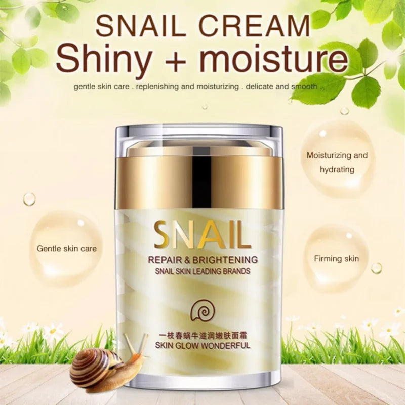 Snail cream packaging with snail and grass elements on a light green background