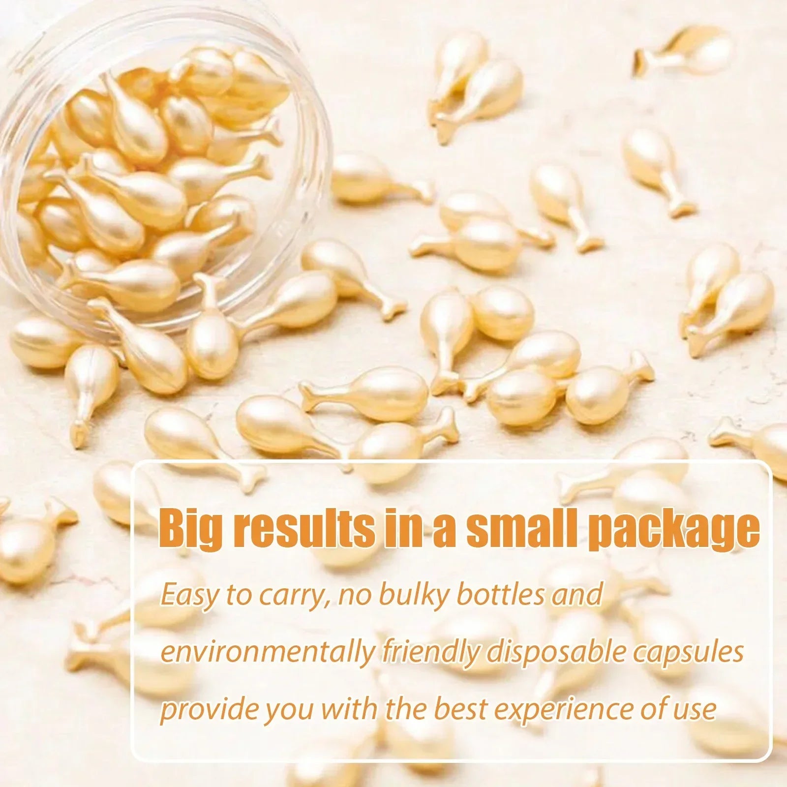 Disposable capsules with text about convenience and environmental friendliness on a beige background
