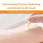 Hand applying concentrated essence to skin with text about hydrating properties and precise dosing.