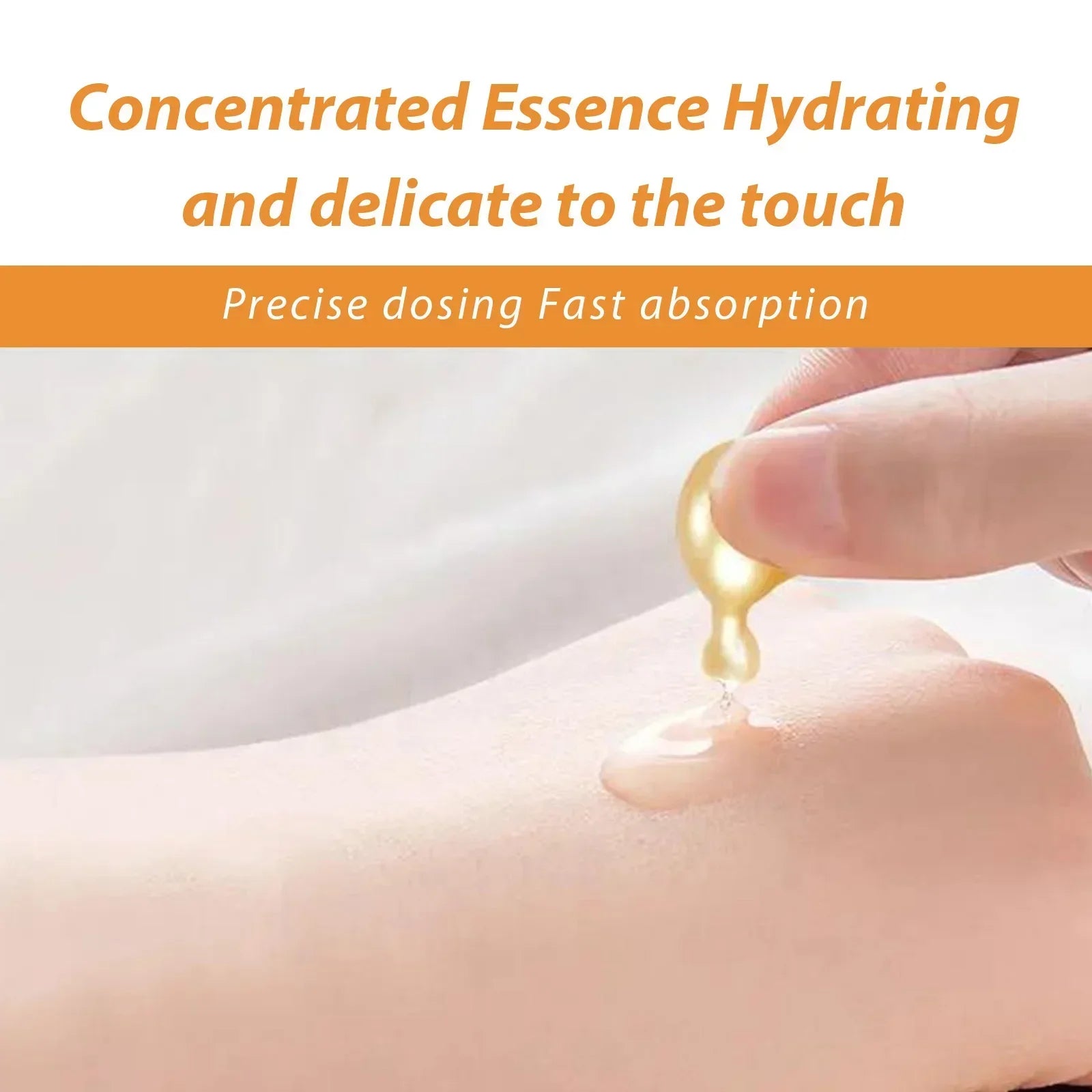 Hand applying concentrated essence to skin with text about hydrating properties and precise dosing.
