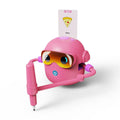 Pink cartoon-style pen holder with a pen and card on a white background