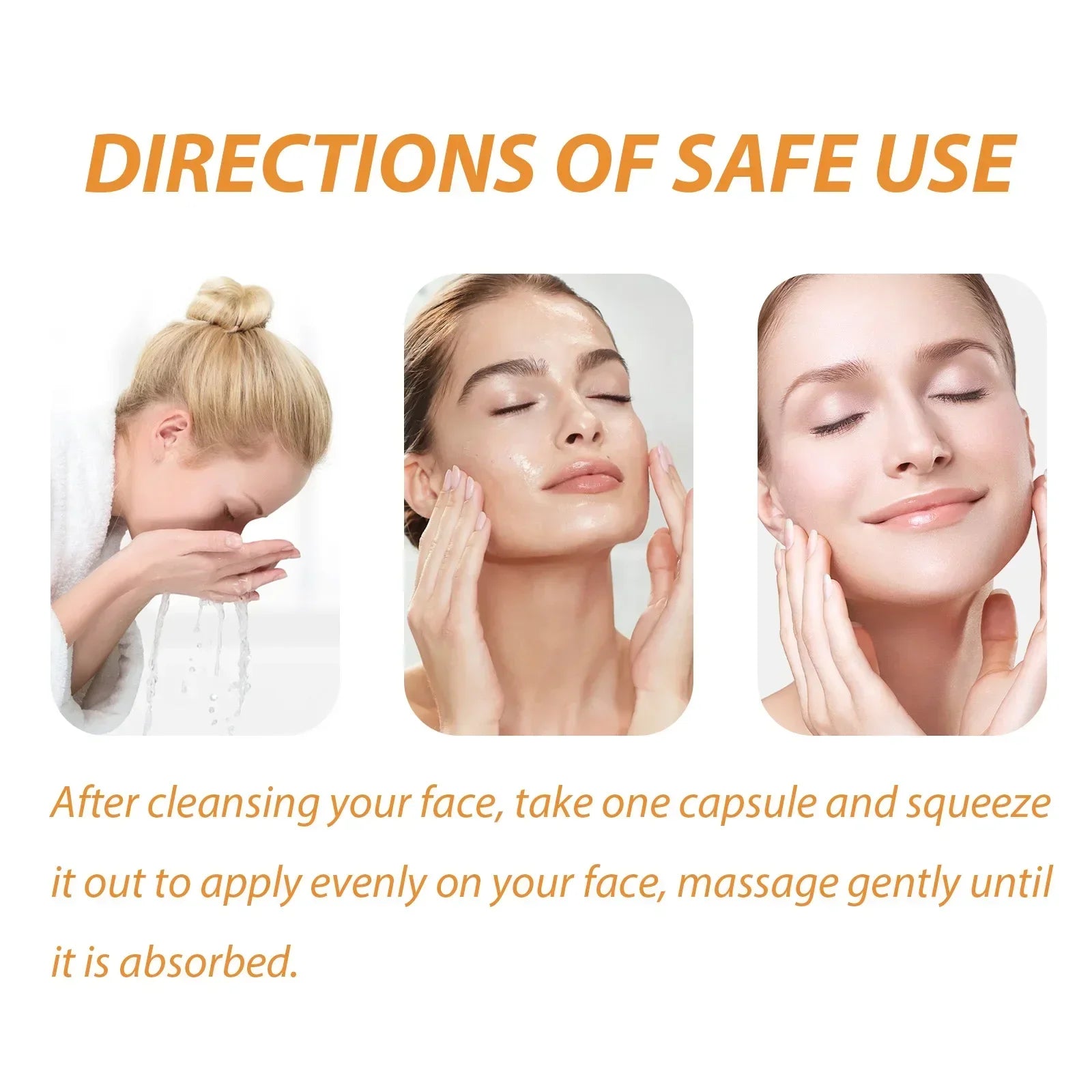 Instructions for safe use of a skincare product with images of a woman applying cream to her face.