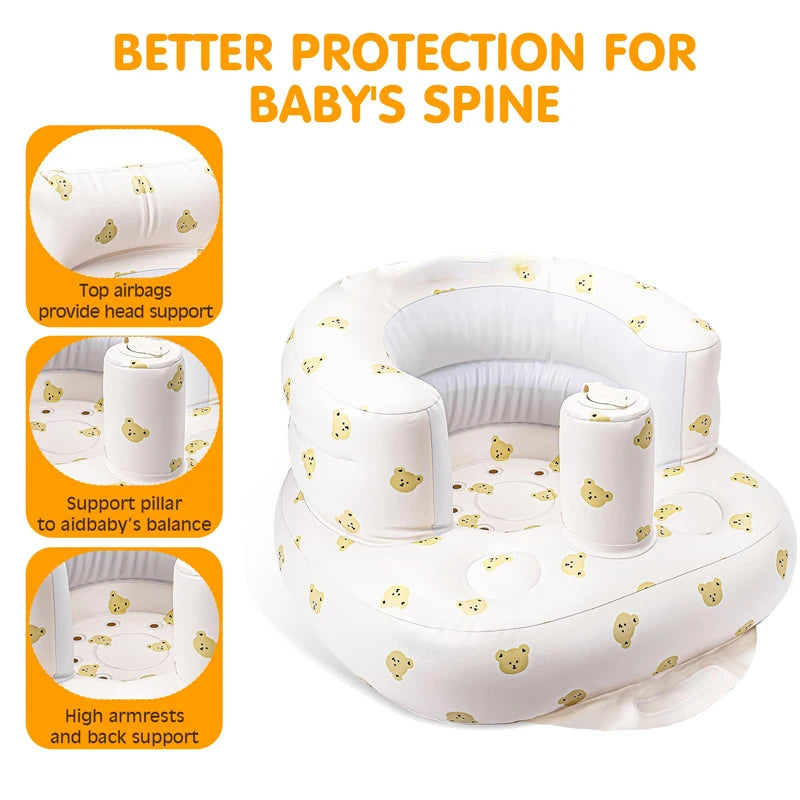 Baby seat with teddy bear pattern and text about better protection for baby's spine.