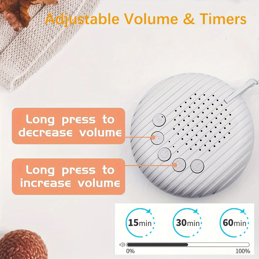 White noise machine with volume and timer controls on a light background