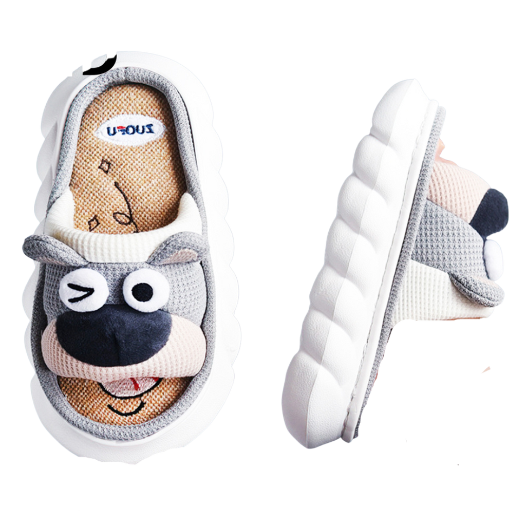 Children's animal-themed slippers with a cartoon face design on a white background