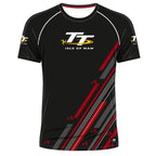 Black sports jersey with red and white accents featuring TT Isle of Man logo on a white background