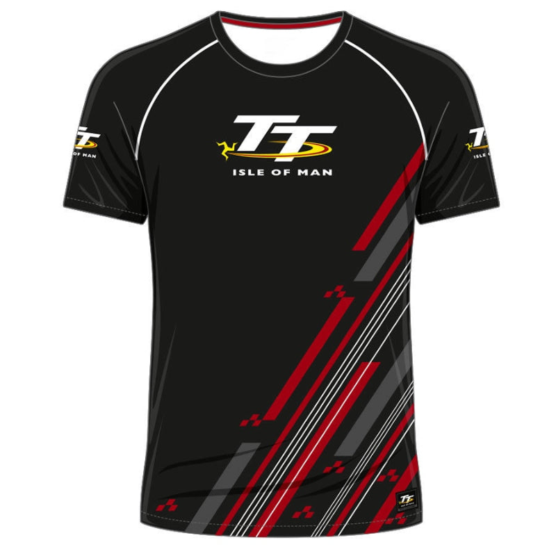 Black sports jersey with red and white accents featuring TT Isle of Man logo on a white background
