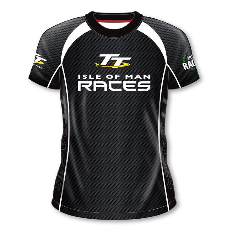 Black motorcycle T-shirt with Isle of Man TT races logo and white and gray accents.