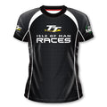 Black motorcycle T-shirt with Isle of Man TT races logo and white and gray accents.