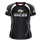 Black motorcycle T-shirt with Isle of Man TT races logo and white and gray accents.